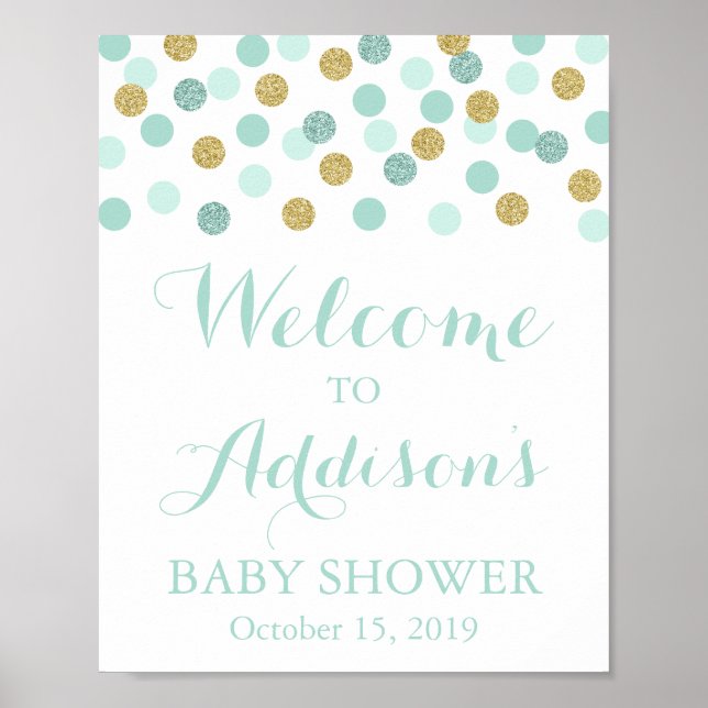 Póster Poster de signos de bienvenida de Baby Shower Mint (Frente)