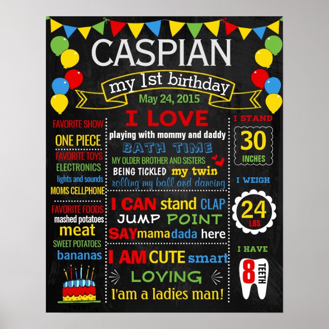 Póster Poster de signos de tiza de primer cumpleaños para (Frente)