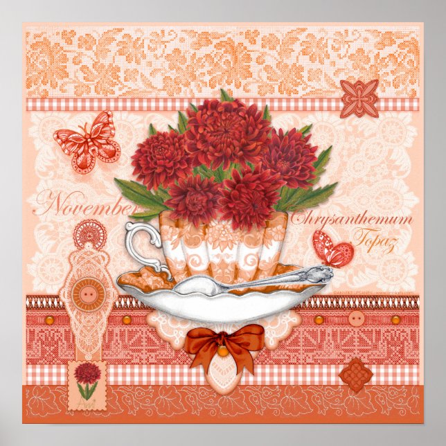 Póster Poster de Teacup Noviembre de Flor de Nacimiento y (Frente)