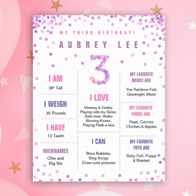 Póster Poster de tercer cumpleaños Rainbow Confetti (Pink and purple confetti milestone poster for your 3 year old's birthday!)