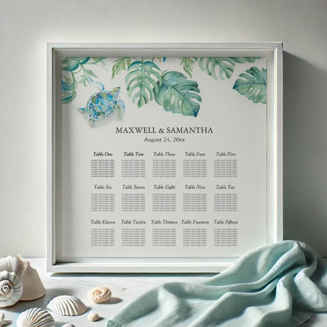 Póster Poster de tortuga marina de cuna de bodas de playa (wedding seating chart watercolor sea turtle and palm leaves by Victoria Grigaliunas Do Tell A Belle)