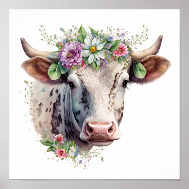 Póster Poster de vaca floral acuarela (Frente)