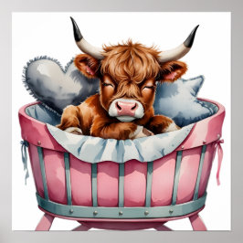 Póster Poster de vaca Highland, bebé floral de Rubor