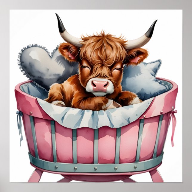 Póster Poster de vaca Highland, bebé floral de Rubor (Frente)