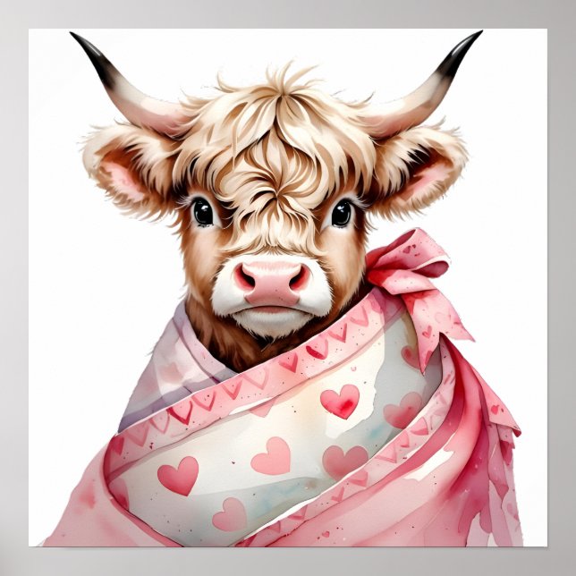 Póster Poster de vaca Highland, bebé floral de Rubor (Frente)