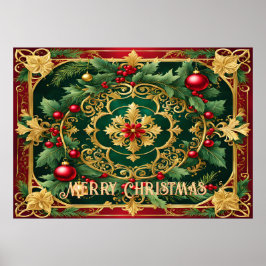 Póster Poster de vacaciones de Navidades verdes de oro ro