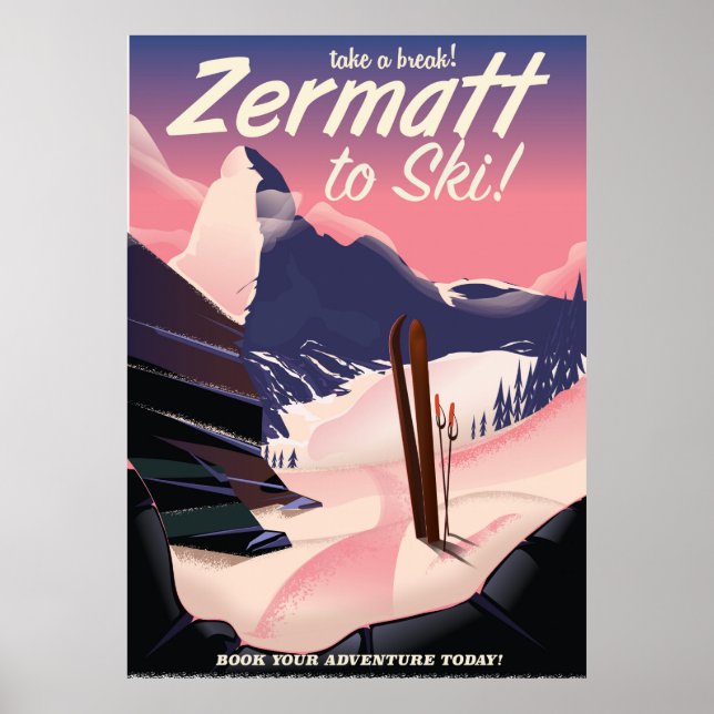 Póster Poster de vacaciones retro Ski Zermatt (Frente)