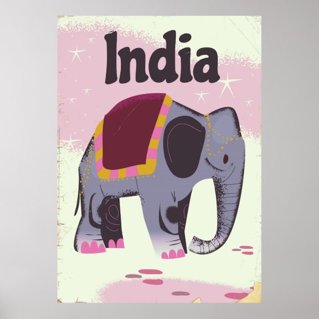 Póster Poster de viaje vintage para elefantes indios. (Frente)