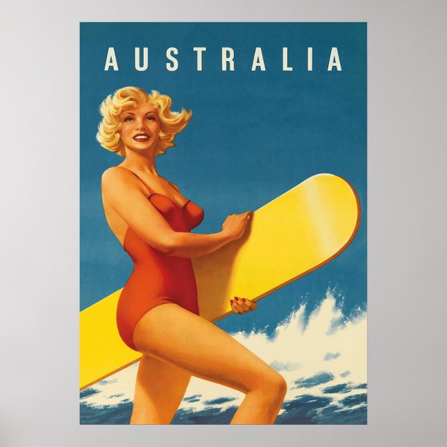 Póster Poster de viajes Australia Surfer Retro Vintage (Frente)