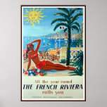 Póster Poster de Viajes de la Riviera Francesa<br><div class="desc">Impresión de reproducción de un poster francés Art Deco que promueve el viaje a la Riviera Francesa con una mujer en bikini contra la hermosa playa de la costa mediterránea. Por favor, personalizar el tamaño del poster, la textura, el borde y/o el marco para que se adapte a su gusto....</div>