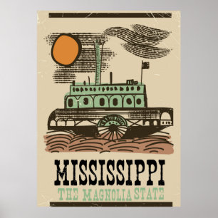 Póster Poster de viajes de vintage de barco de Mississipp