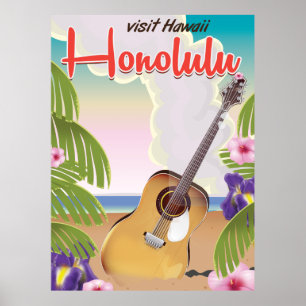 Póster Poster de viajes Honolulu acústica de guitarra vin