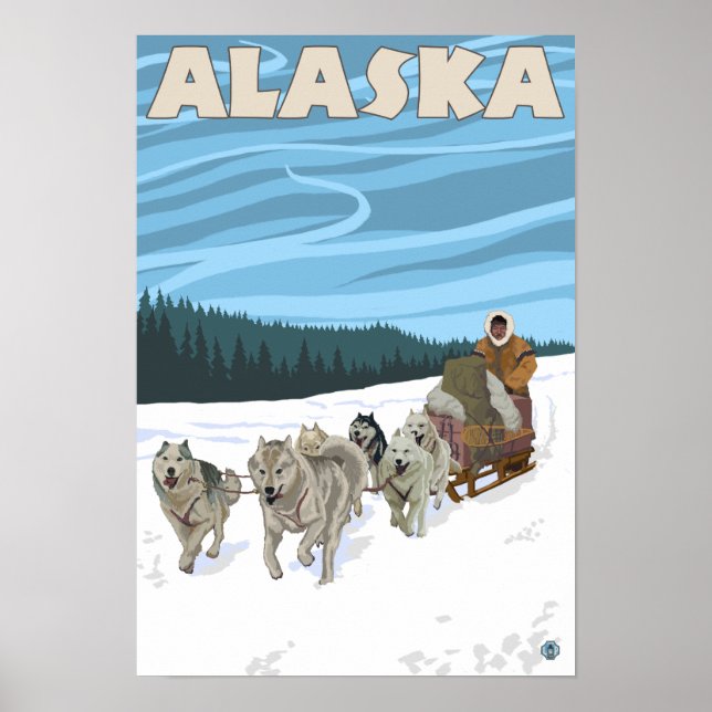 Póster Poster de Viajes Vintage de Alaska Dogsledding (Frente)