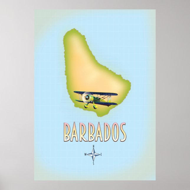 Póster Poster de viajes vintage de Barbados Map. (Frente)
