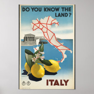 Póster Poster de Viajes Vintage en Mapa de Italia