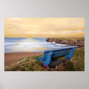 Póster poster de vista de puesta de sol en banco azul