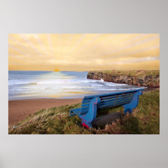 Póster poster de vista de puesta de sol en banco azul (Frente)