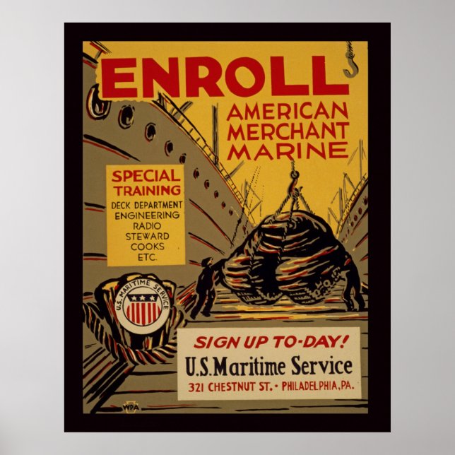 Póster Poster de WPA Marina Comerciante Estadounidense (Frente)
