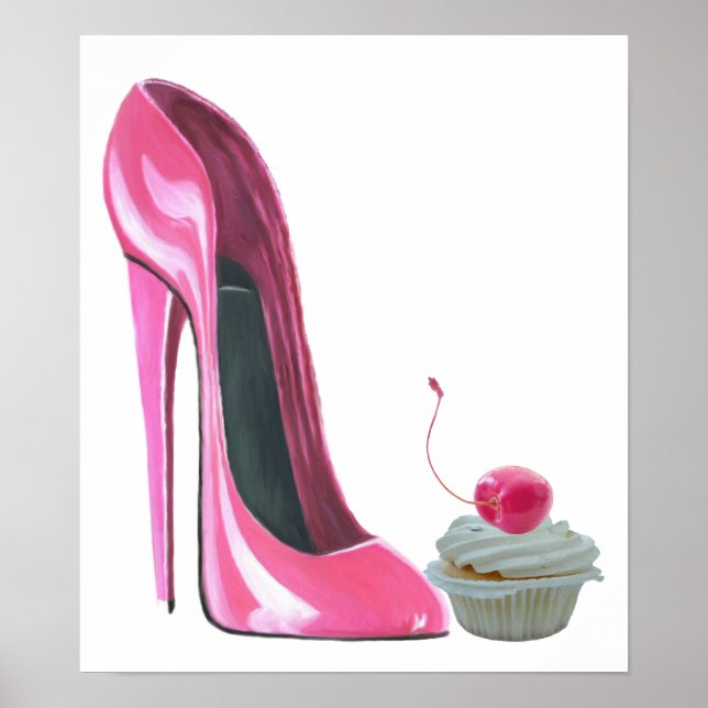 Póster Poster de zapato de Stiletto rosa y tarta de cerez (Frente)