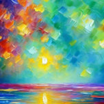 Póster Poster del amanecer en el mar<br><div class="desc">Este hermoso poster muestra un impresionante amanecer sobre el océano, con fuertes pinceles que crean un sentido de movimiento e inestabilidad. Los colores son luminosos y vibrantes, lo que hace que la escena cobre vida con energía y belleza. Los rojos vivos, los verdes, los amarillos y el violeta del amanecer...</div>