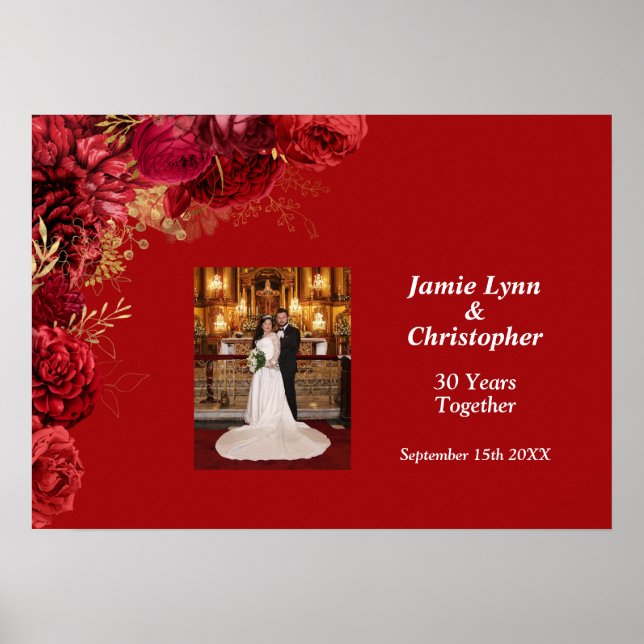 Póster Poster del Aniversario del Boda Floral Rojo (Frente)
