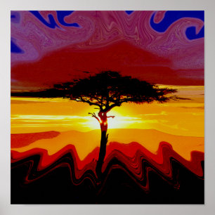 Póster Poster del árbol de atardecer safari africano