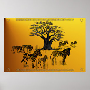 Póster Poster del árbol de la cebra y del baobab