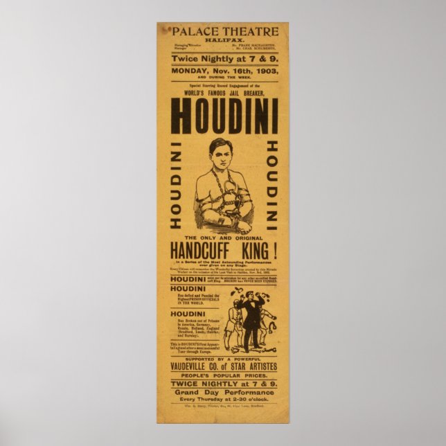 Póster Poster del artista de escape de HOUDINI VAUDEVILLE (Frente)