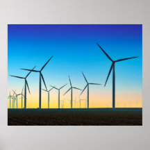 Poster del atardecer de campo de turbina eólica