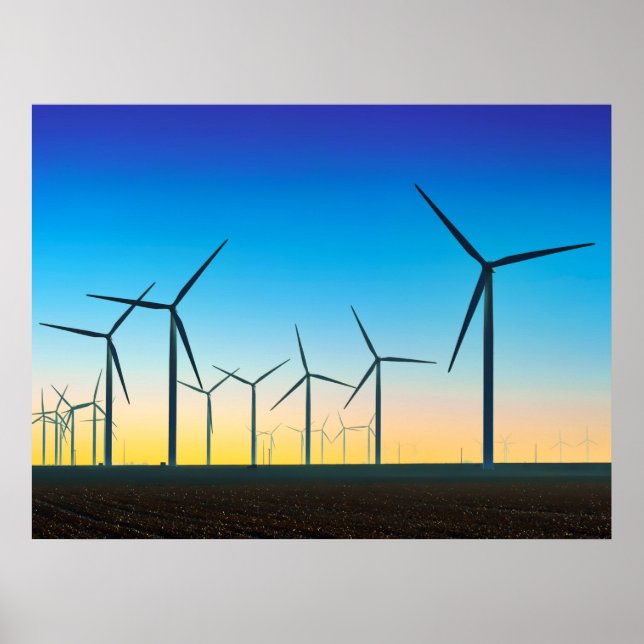 Póster Poster del atardecer de campo de turbina eólica (Frente)