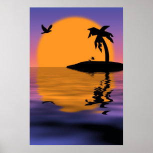 Póster Poster del atardecer de la isla tropical