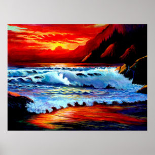 Póster Poster del atardecer de la playa pintada