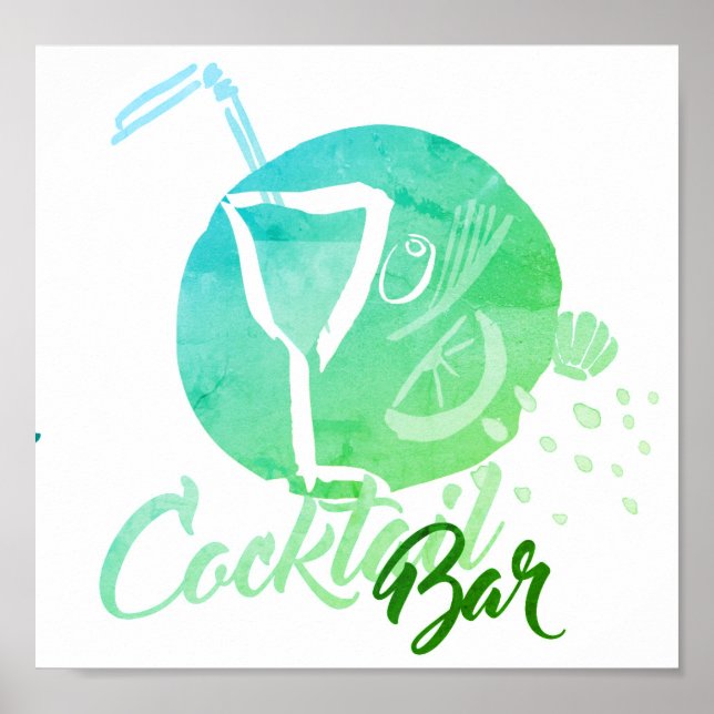 Póster Poster del bar de cócteles acuarela (Frente)