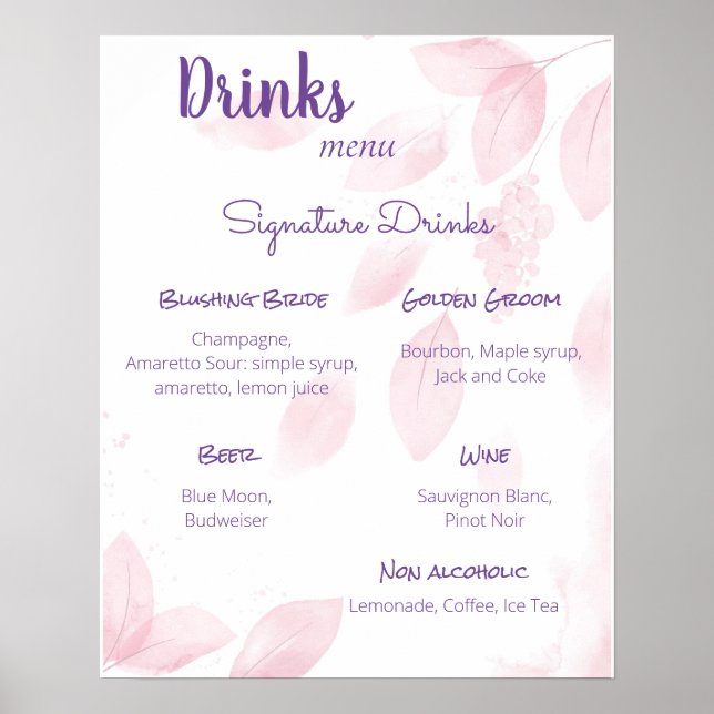Póster Poster del Boda del menú Bebidas (Frente)