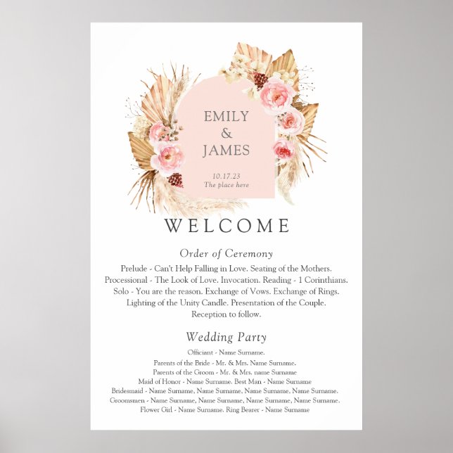 Póster Poster del Boho Pampas Boda Floral Grass (Frente)