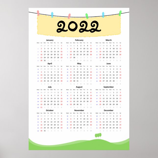 Póster Poster del Calendario 2022 - Inicio del domingo (Frente)