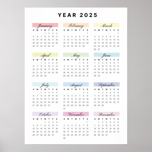 Póster Poster del calendario arcoiris Minimalista 2025 (Frente)