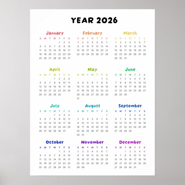 Póster Poster del calendario arcoiris Minimalista 2026 (Frente)