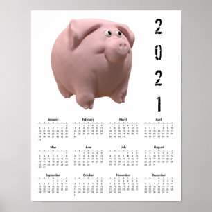 Póster poster del calendario blanco 2021 del cerdo divert
