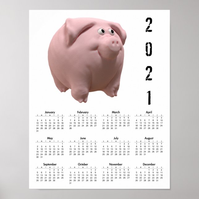Póster poster del calendario blanco 2021 del cerdo divert (Frente)