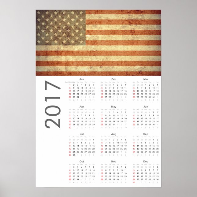 Póster Poster del Calendario de Bandera de Estados Unidos (Frente)