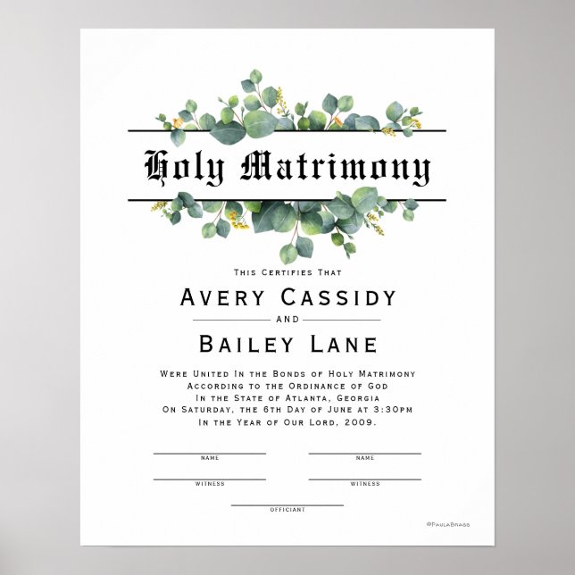 Póster Poster del certificado de Boda de la Matrimonía Sa (Frente)