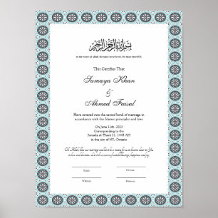 Póster poster del certificado de musulmán azul nikkah