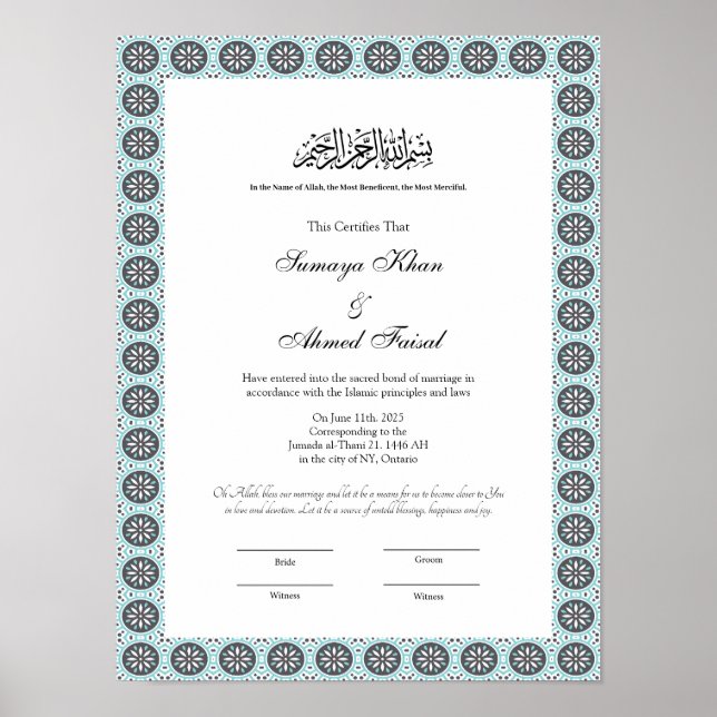 Póster poster del certificado de musulmán azul nikkah (Frente)