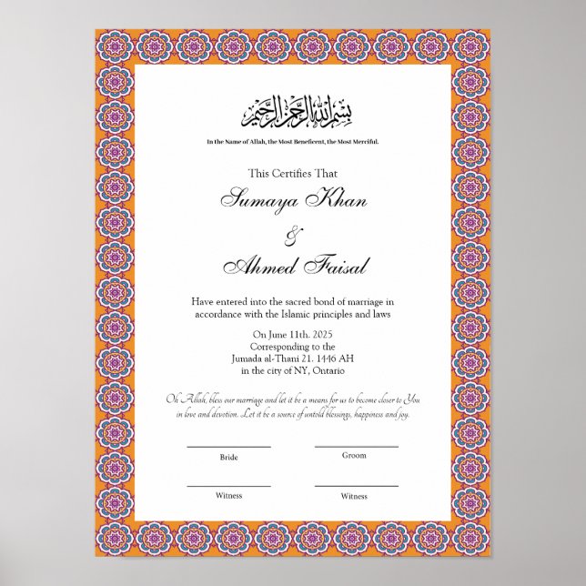 Póster poster del certificado islámico de matrimonio de e (Frente)
