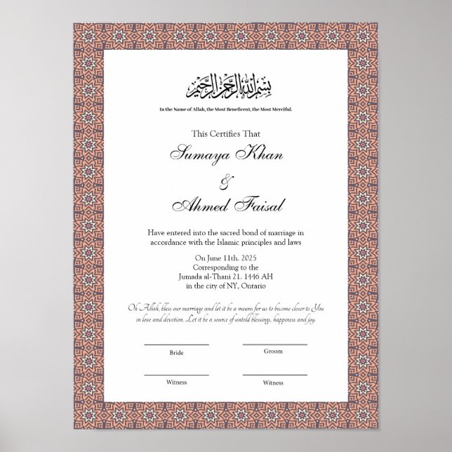 Póster poster del certificado islámico musulmán nikkah (Frente)