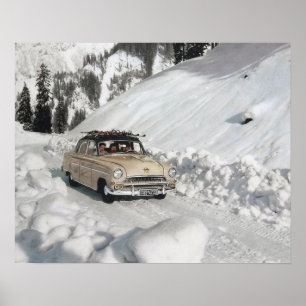 Póster Poster del esquí del vintage, coche al piste