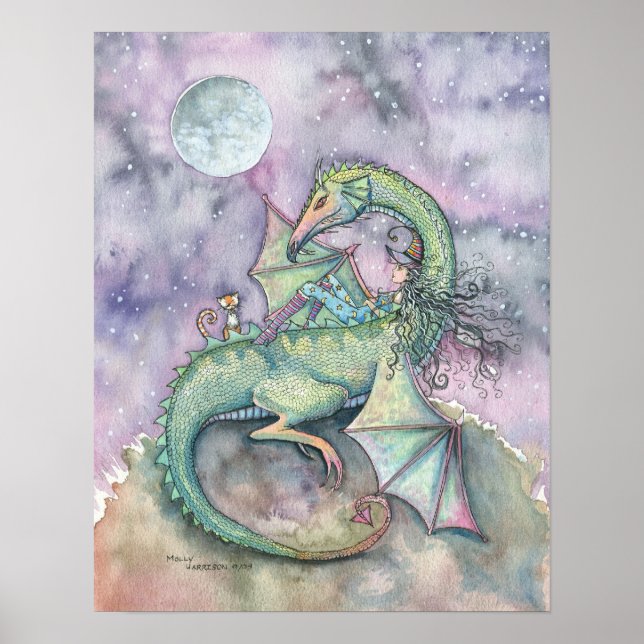 Póster Poster del gato del dragón de la bruja Moon Gazing (Frente)