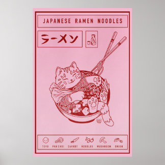 Póster Poster del gato japonés de fideos de Ramen