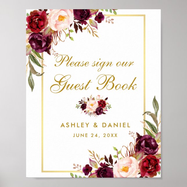 Póster Poster del libro de Bodas Floral Burgundy Gold (Frente)